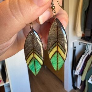 Handcrafted Wood Green & Gray Earrings